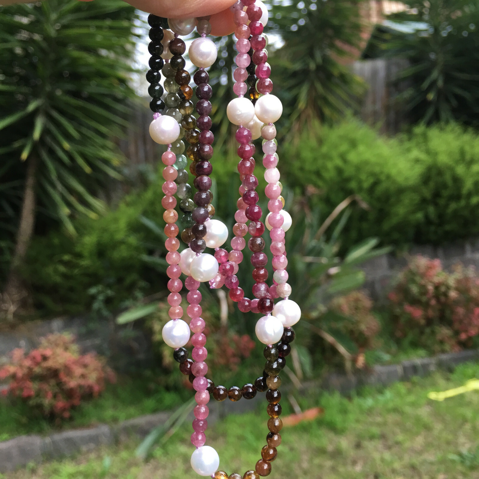 DL109 Nice92cm 3.5-4.5mm colorful Tourmaline 7-8mm AAA freshwater Pearl necklace