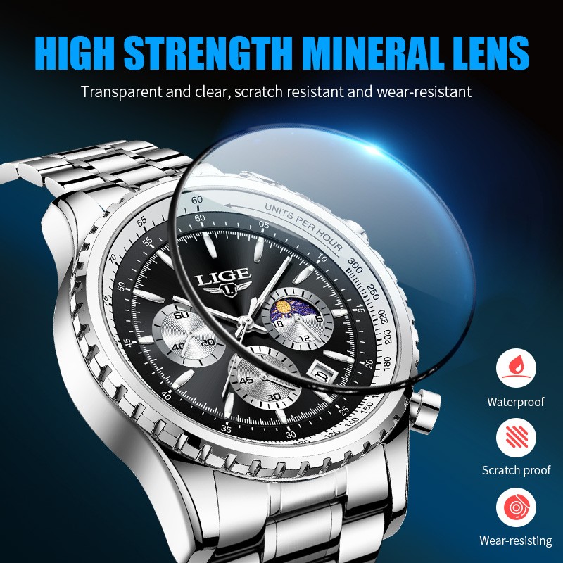 Men Watch Quartz Date Luminous Chronograph Waterproof Stainless Steel Wristwatch