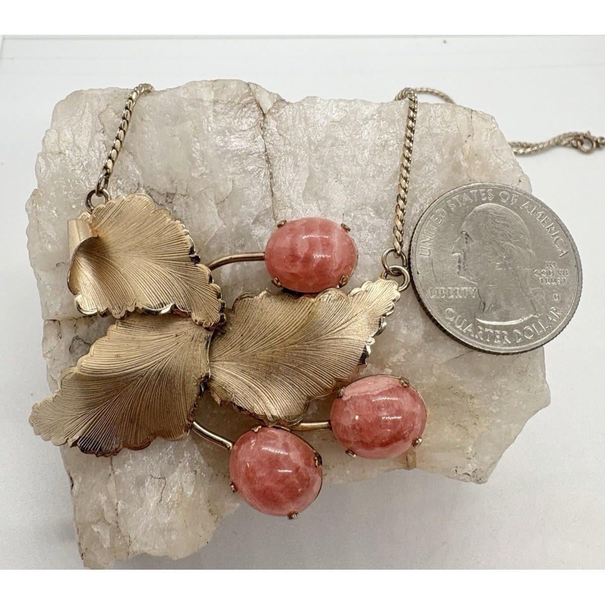 Vintage JJJ Gold-Filled Pink Rhodochrosite Gemstone Leaf Necklace Mid Century