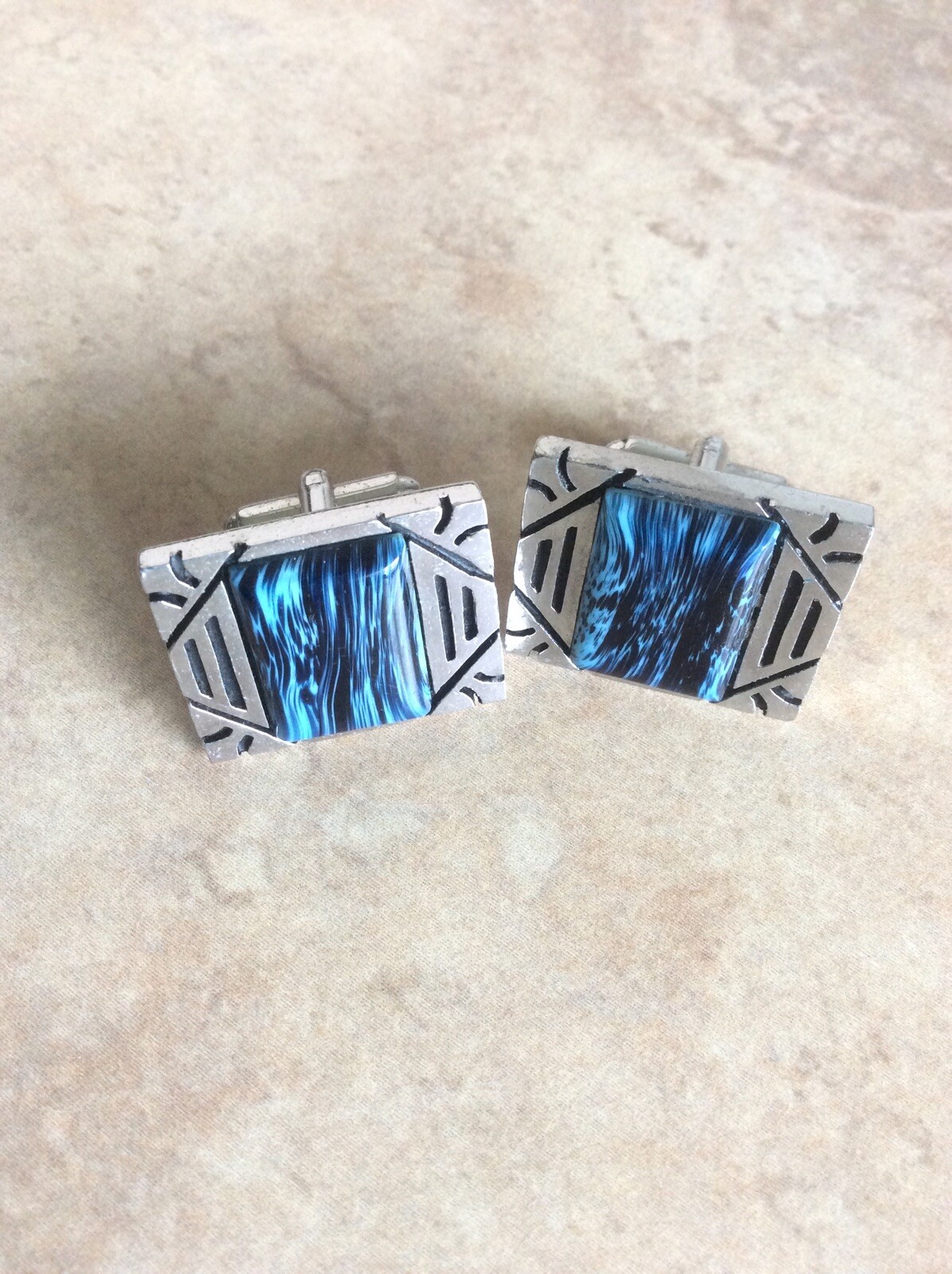 Tribal Modernist Semi Precious Stone Silver Tone Cufflinks