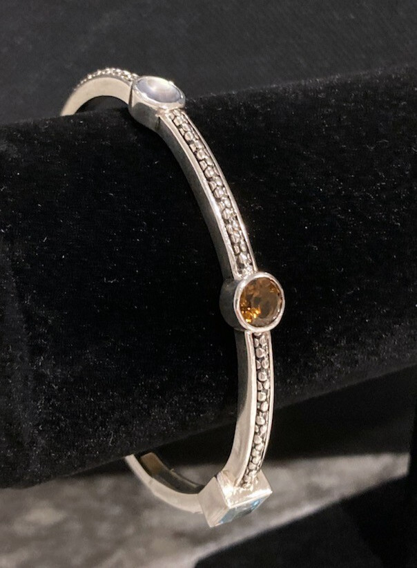 Michael Dawkins Pebbled Sterling Smoky & Blue Topaz MOP Hinged Bangle 22.4g