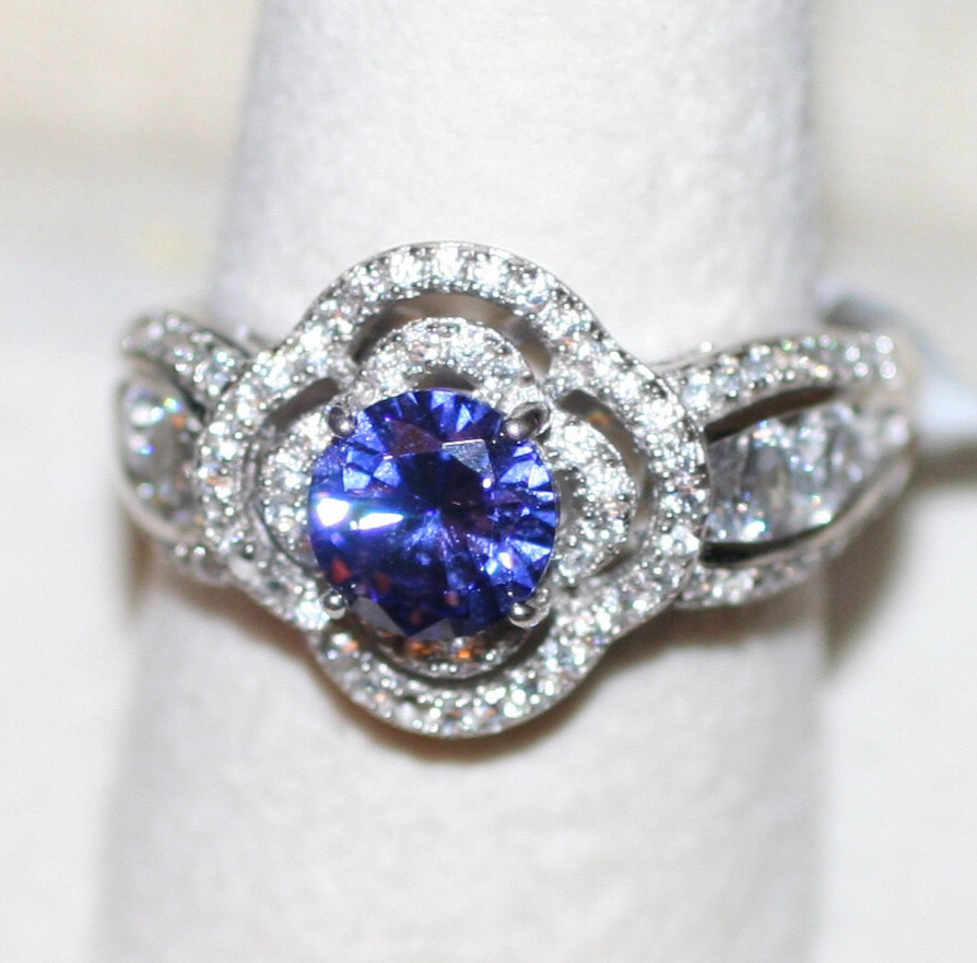 4.85CTW Blue Tanzanite / 2.4CTW White Zircon Rhodium over Sterling Ring SZ 12