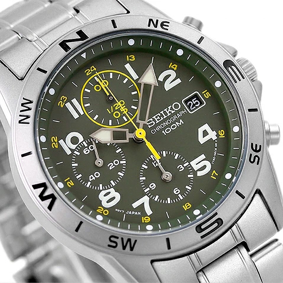 SEIKO SND377P1 Chronograph Stainless Steel Watch Green Dial SND377PC SND377P