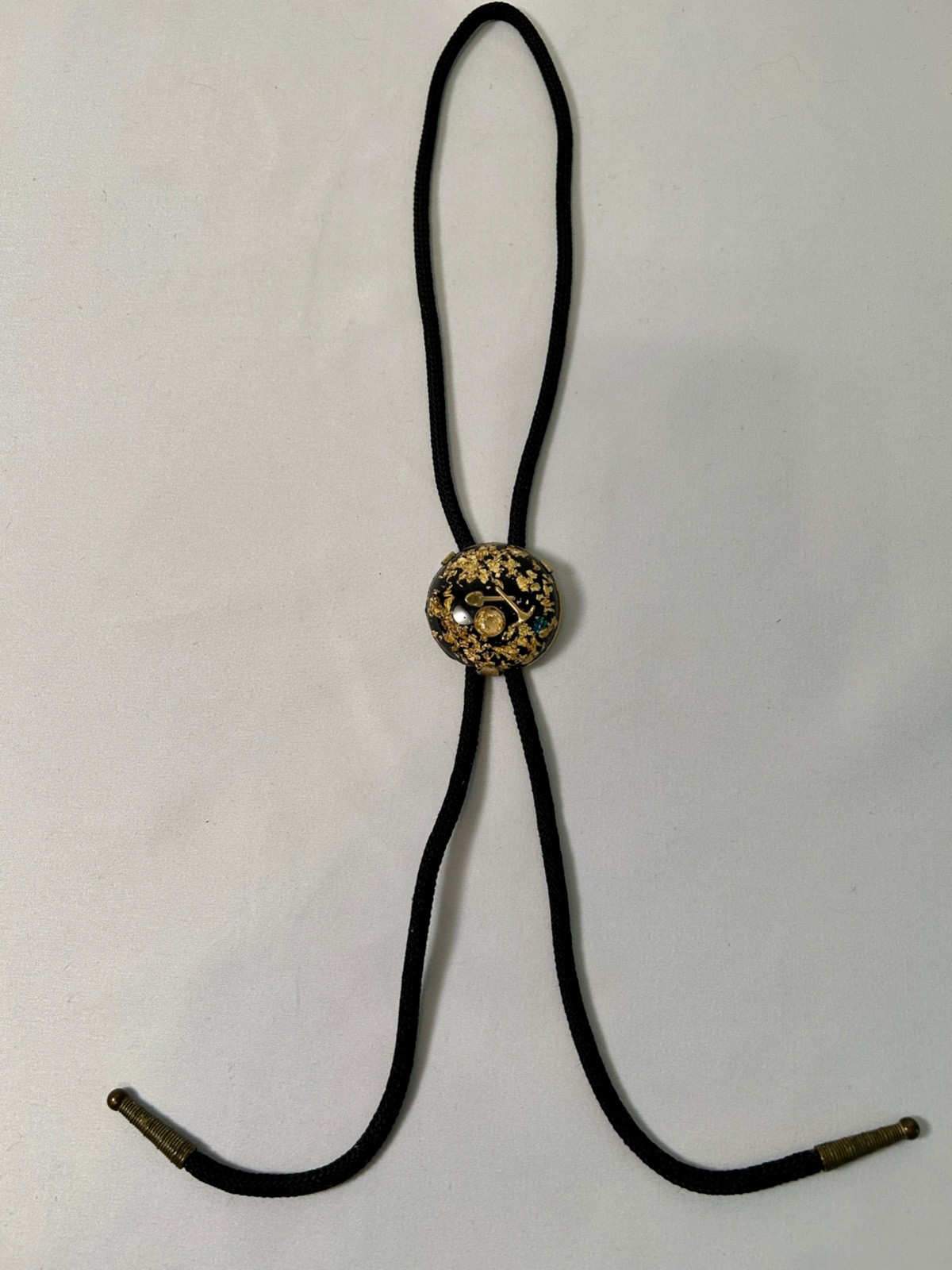 Rare Vintage Bolo Tie, Lucite Encased Gold Flakes Prospecting Tools, Black cord