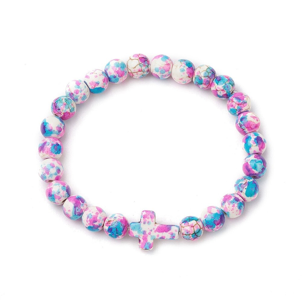 Synthetic Dyed Turquoise Beaded Stretch Bracelet with Cross, 6 mm Beads
