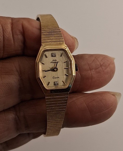 Vintage Caravelle Womens Gold Tone Quartz Watch Hexagon Case Textured Mesh Band
