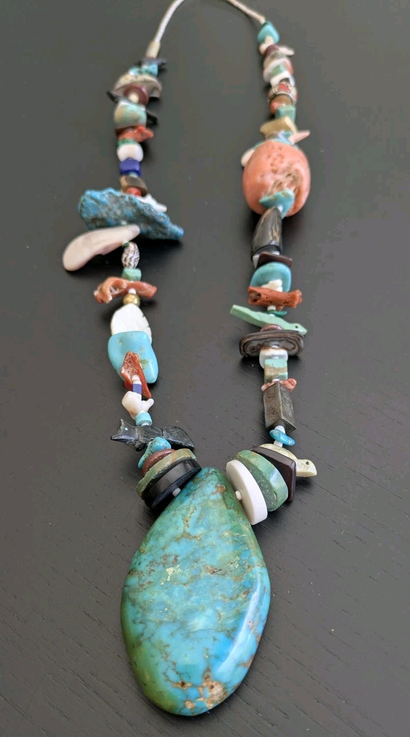 Native American 1970’s Treasure Necklace W/Large Turquoise Pendant & Fetishes