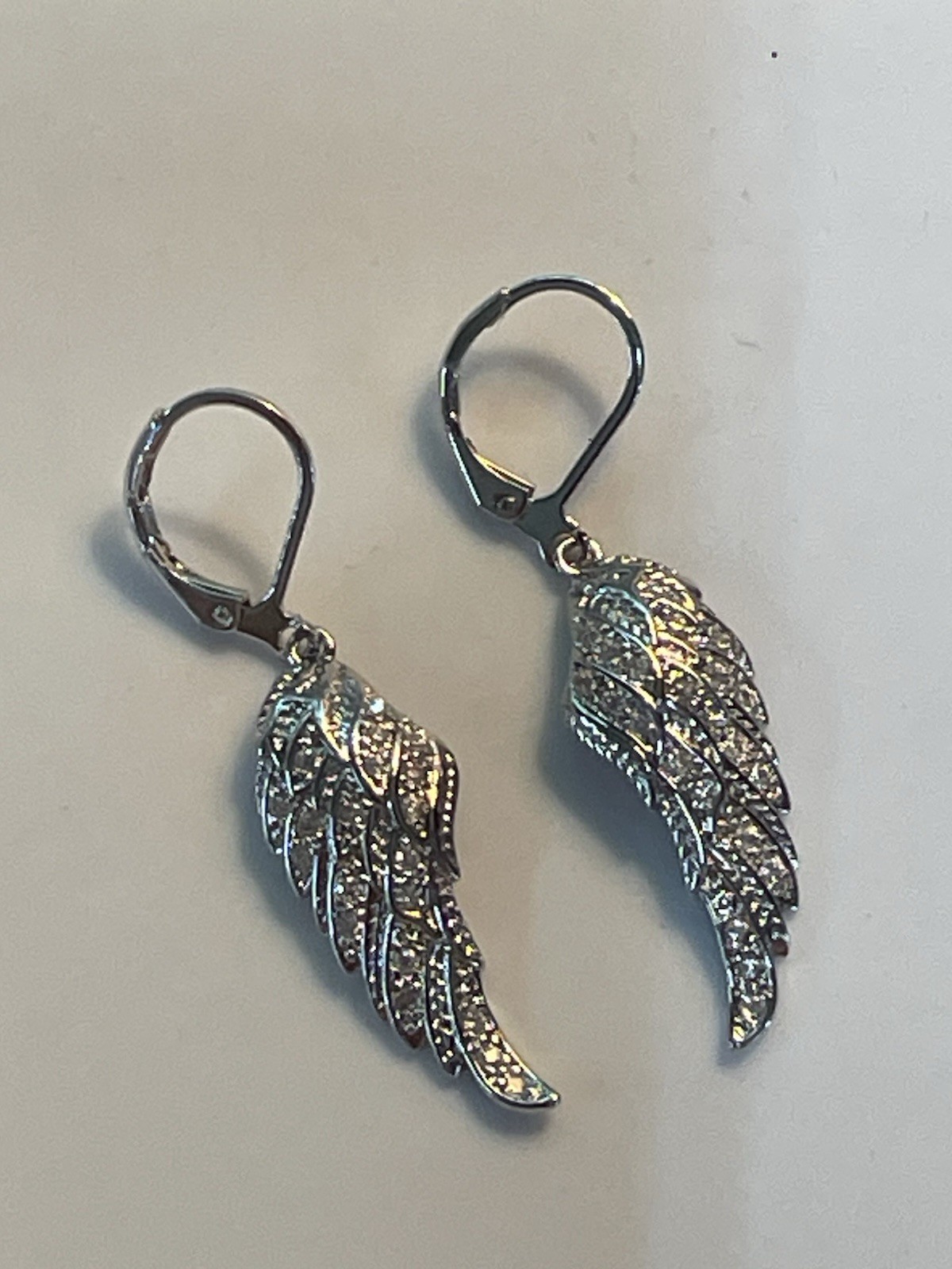 Angel Wings Necklace Earring Set 18” Stainless Silver Stones Statement NEW