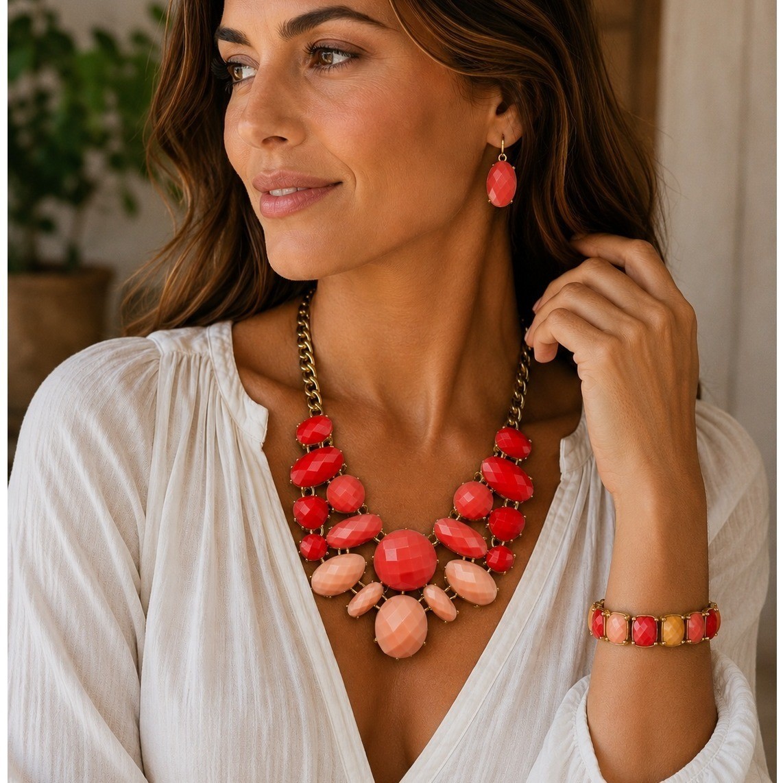 Chico’s Coral Red Statement Necklace Bracelet Earring Set Gold Tone Faceted Bold