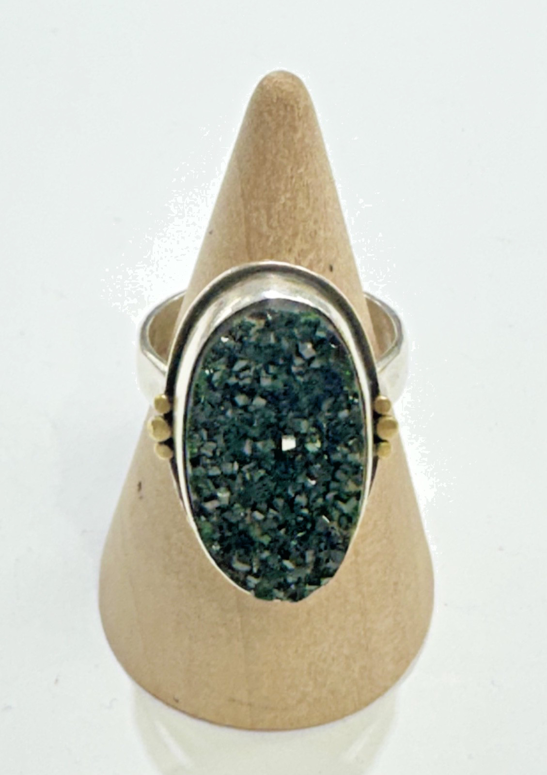 Ananda Khalsa – Pyrite Druzy Cocktail SS Hammered Ring with 22K Gold Trios