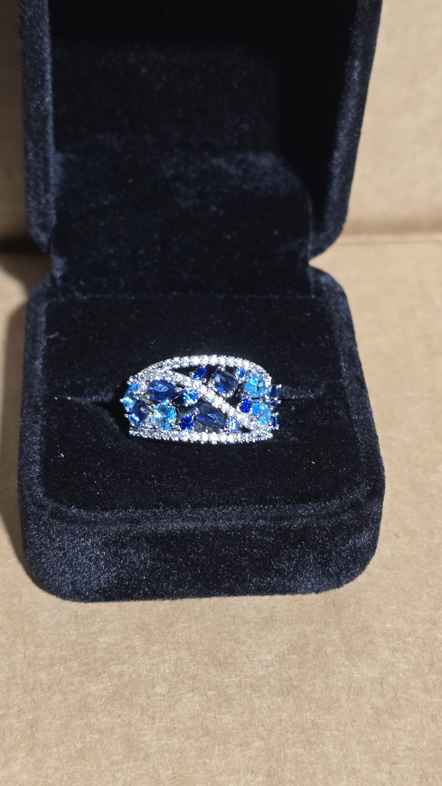 Boho Silver Tone Blue Crystal Teardrop Cluster Cocktail Ring Size 7