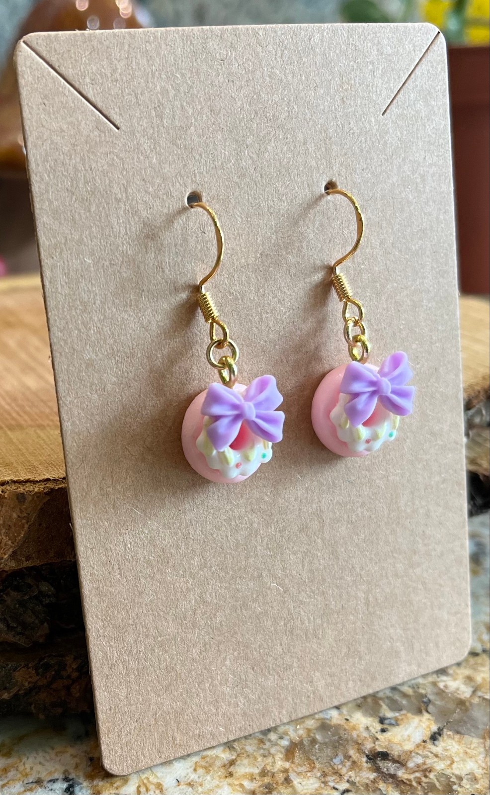 18K Gold Plated Bow Donut Doughnut Dessert Pink Purple Cute Handmade Earrings