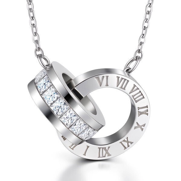 Stainless Steel Double Circle CZ Necklace Waterproof Hypoallergenic 43+5cm