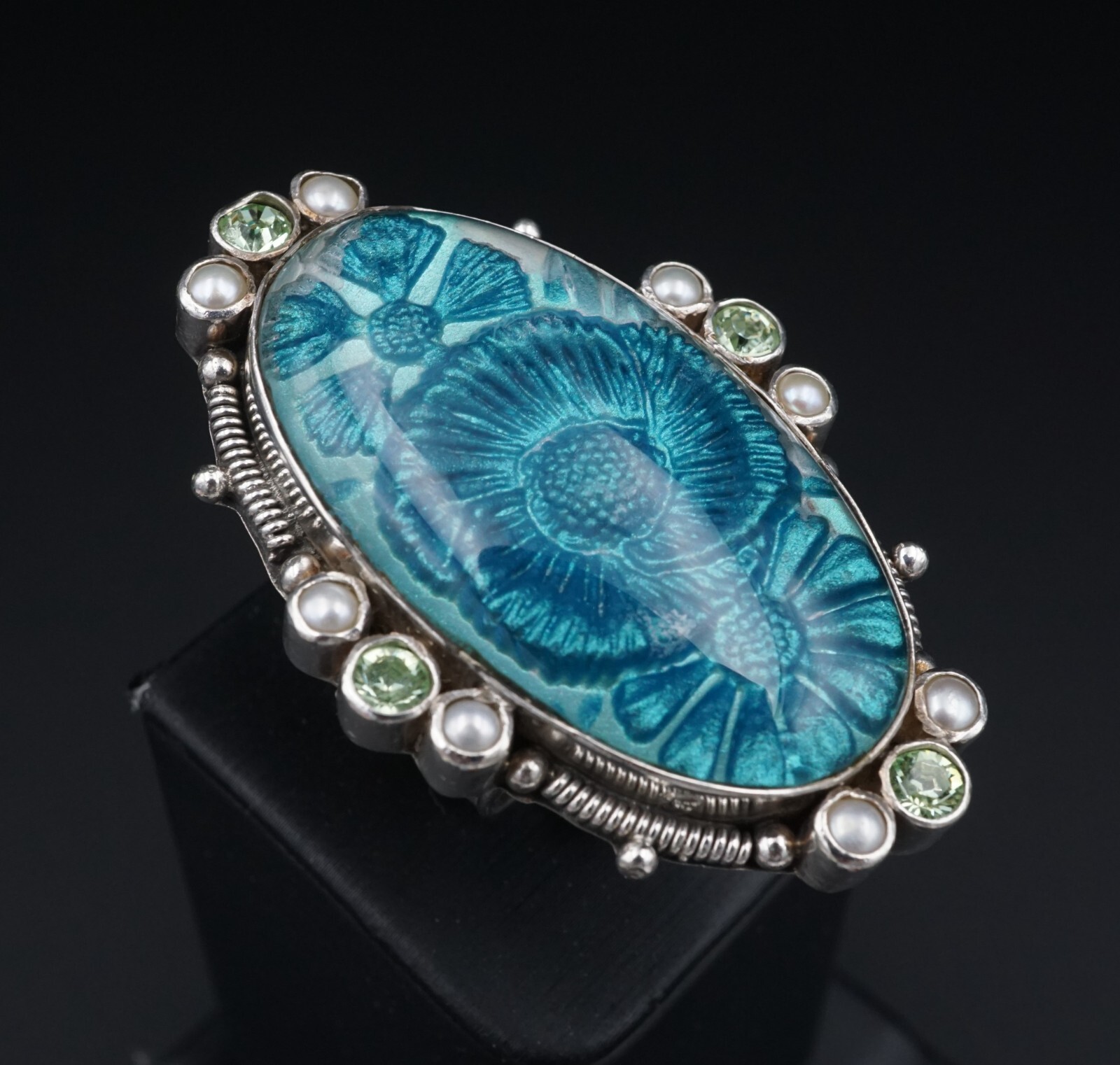 Mars & Valentine Flower Ring Sterling Silver Size 9 Pearl Blue Teal 2″ RS3638