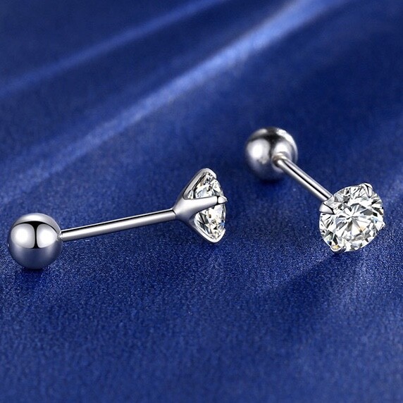 316L Surgical Stainless Steel Silver Round CZ Crystal Screw Back Stud Earrings