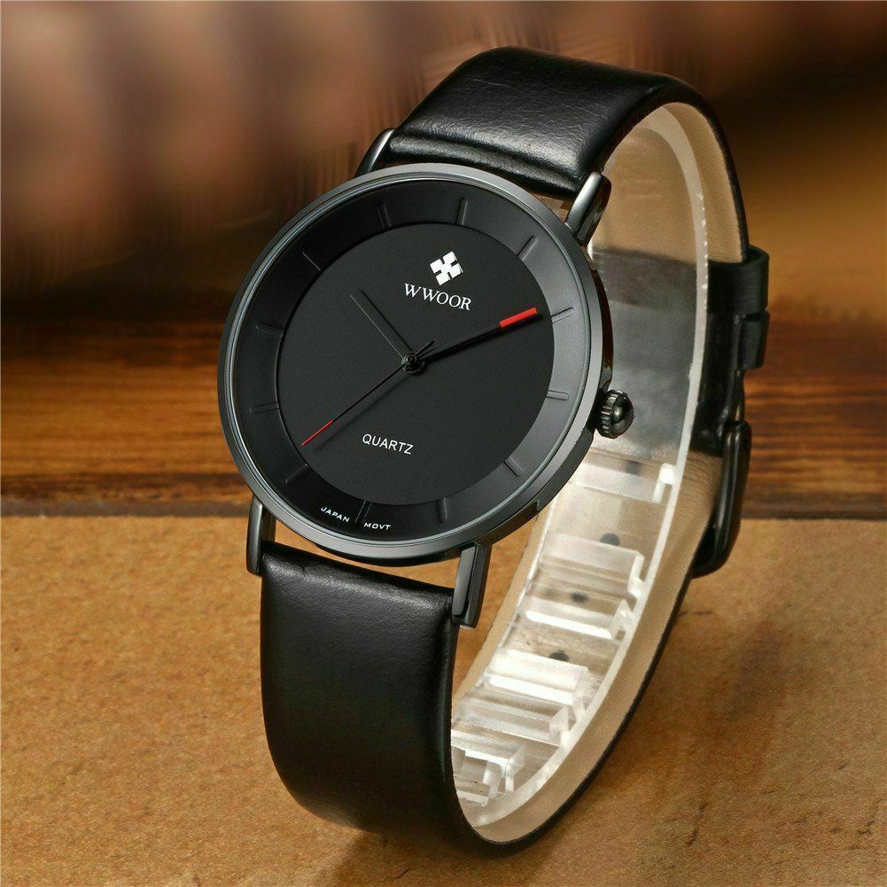 WWOOR Luxury Leather Strap Ultra Thin Dress Wrist Watch Mens Analog Quartz Watch