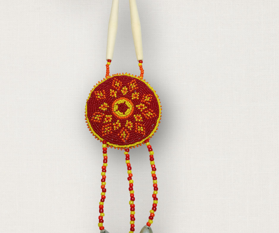 Handmade Beaded Medallion Necklace Red Yellow Bone Beads Cowrie Shells