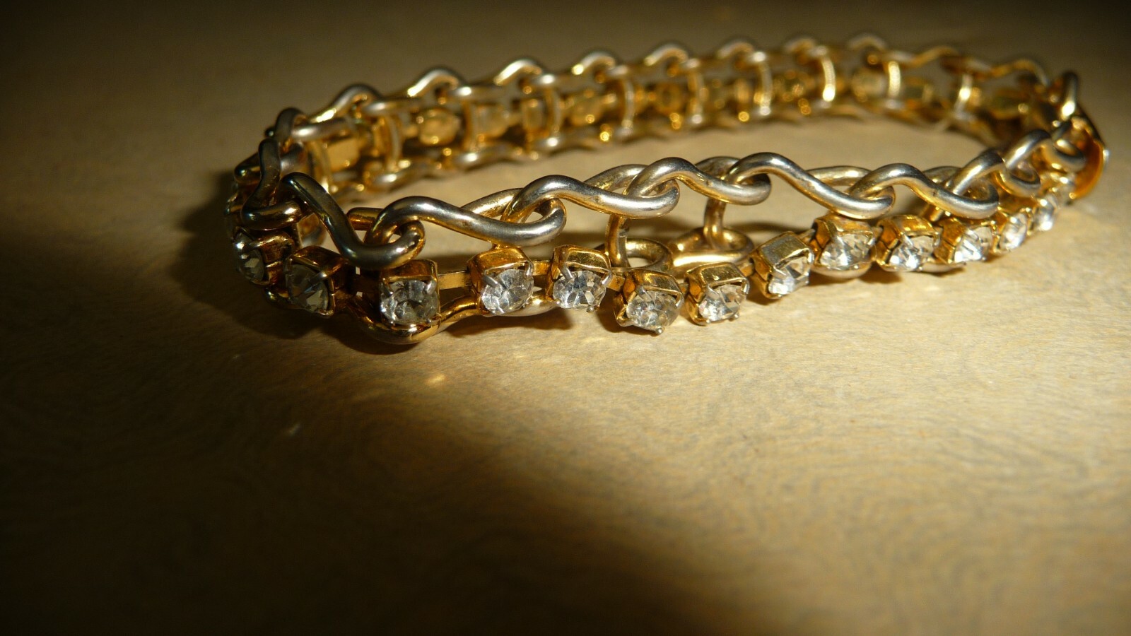 #1016X vtg costume BRACELET Gold Tone w RHINESTONES 6 1/2” L x 3/8” W