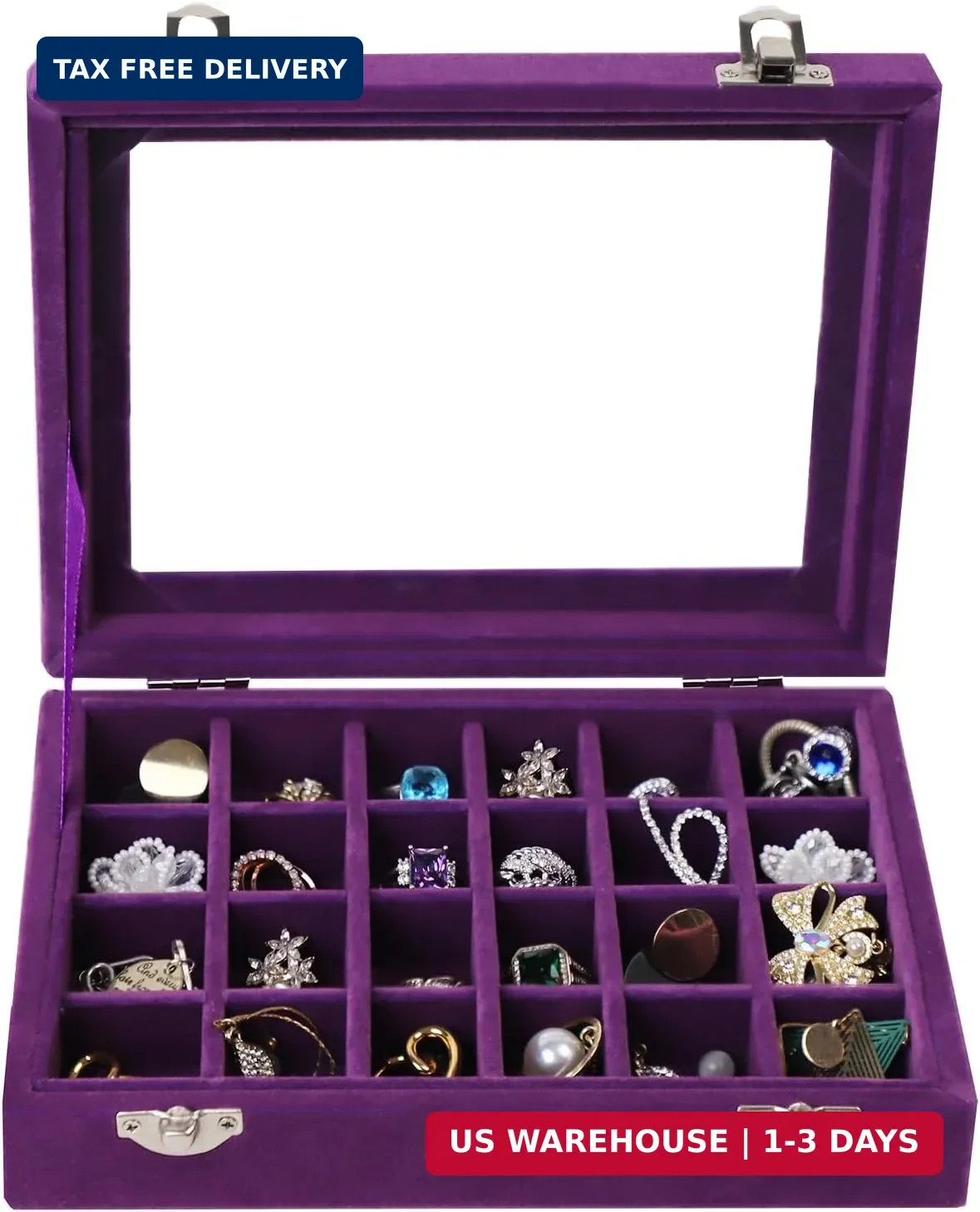 Velvet Jewelry Box 24 Grid Jewelry Earrings Display Organiser Box Ring Tray Hold