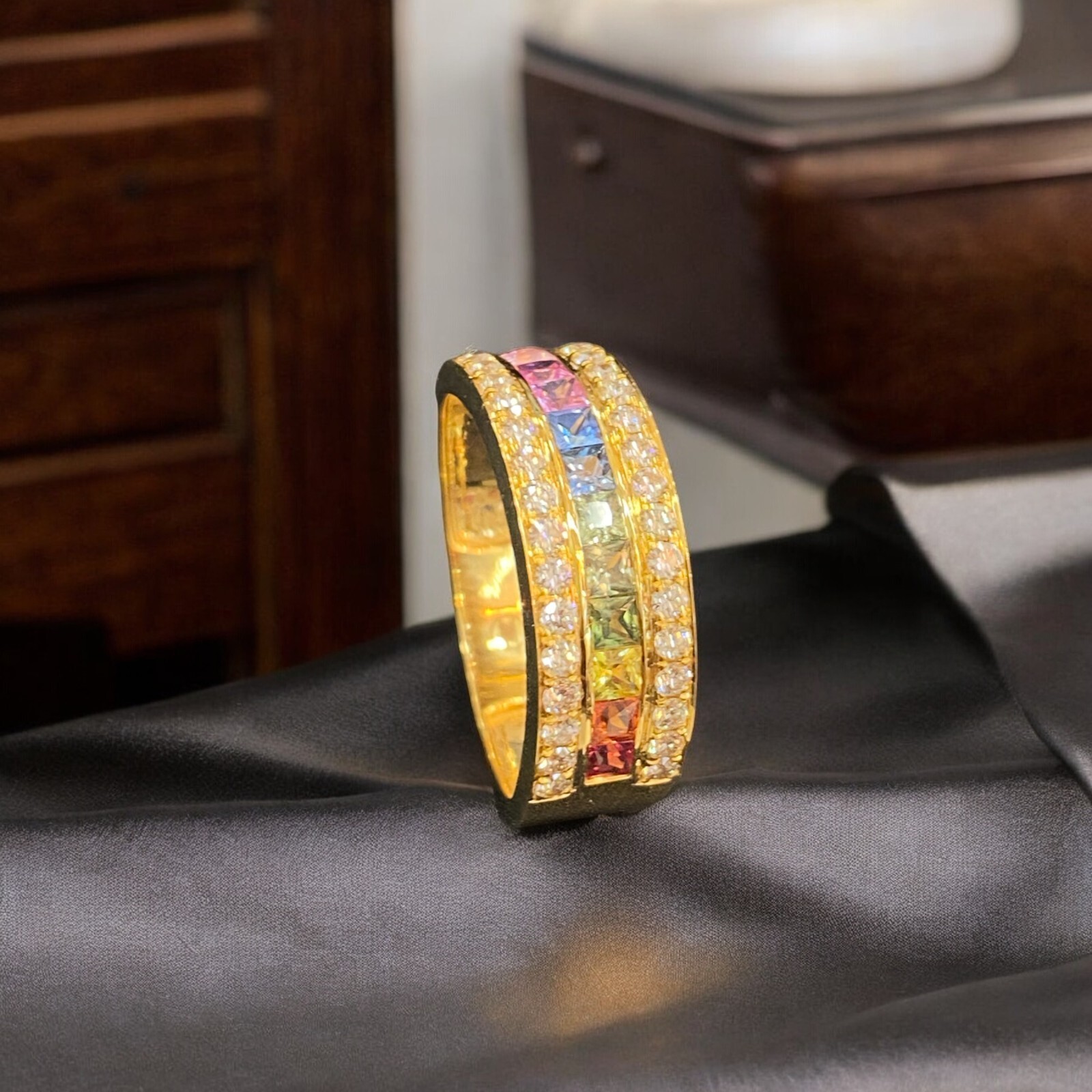 2.52 TCW Round Brilliant Diamonds Multi Color Princess Sapphire Ring in 18K Gold