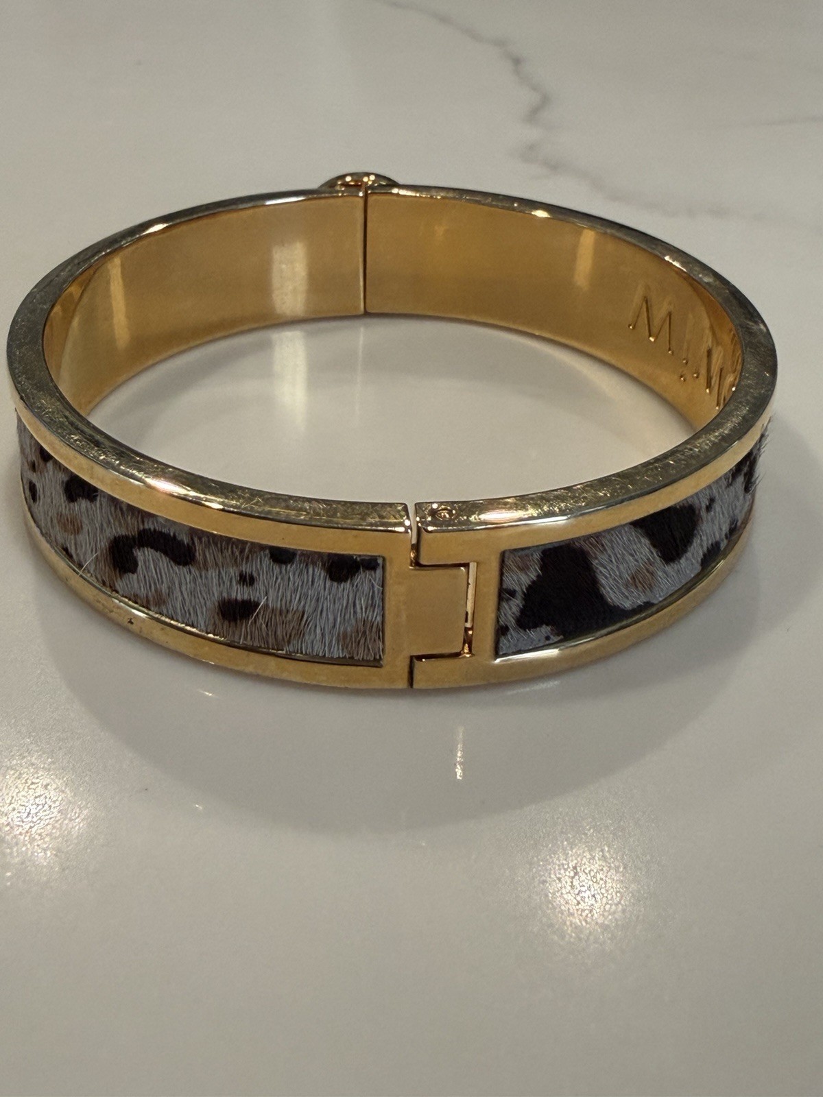 Mimco Gold Tone Hinged Bangle Cuff Bracelet Animal Print Inlay Signed Charm