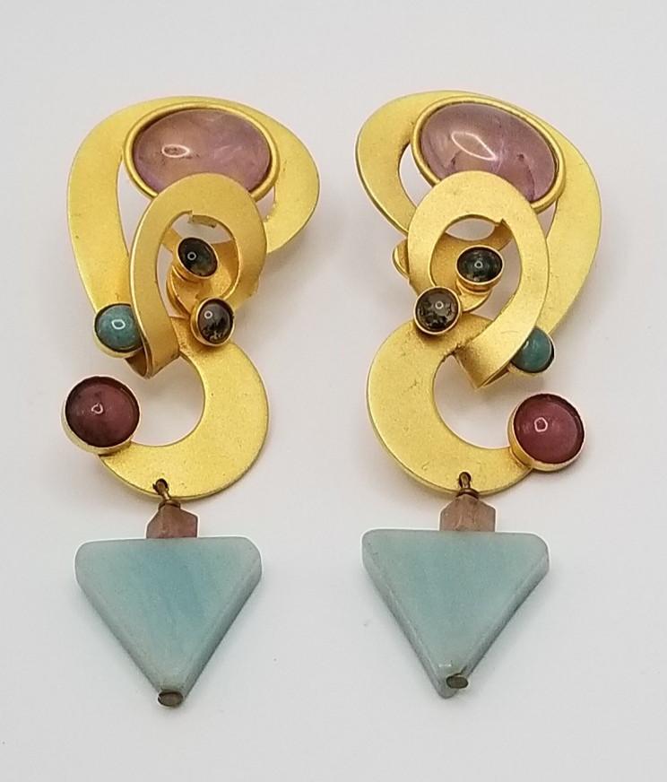 Vintage Gale Rothstein Semi-Precious Stones Gold Plated Dangle Pieced Earrings