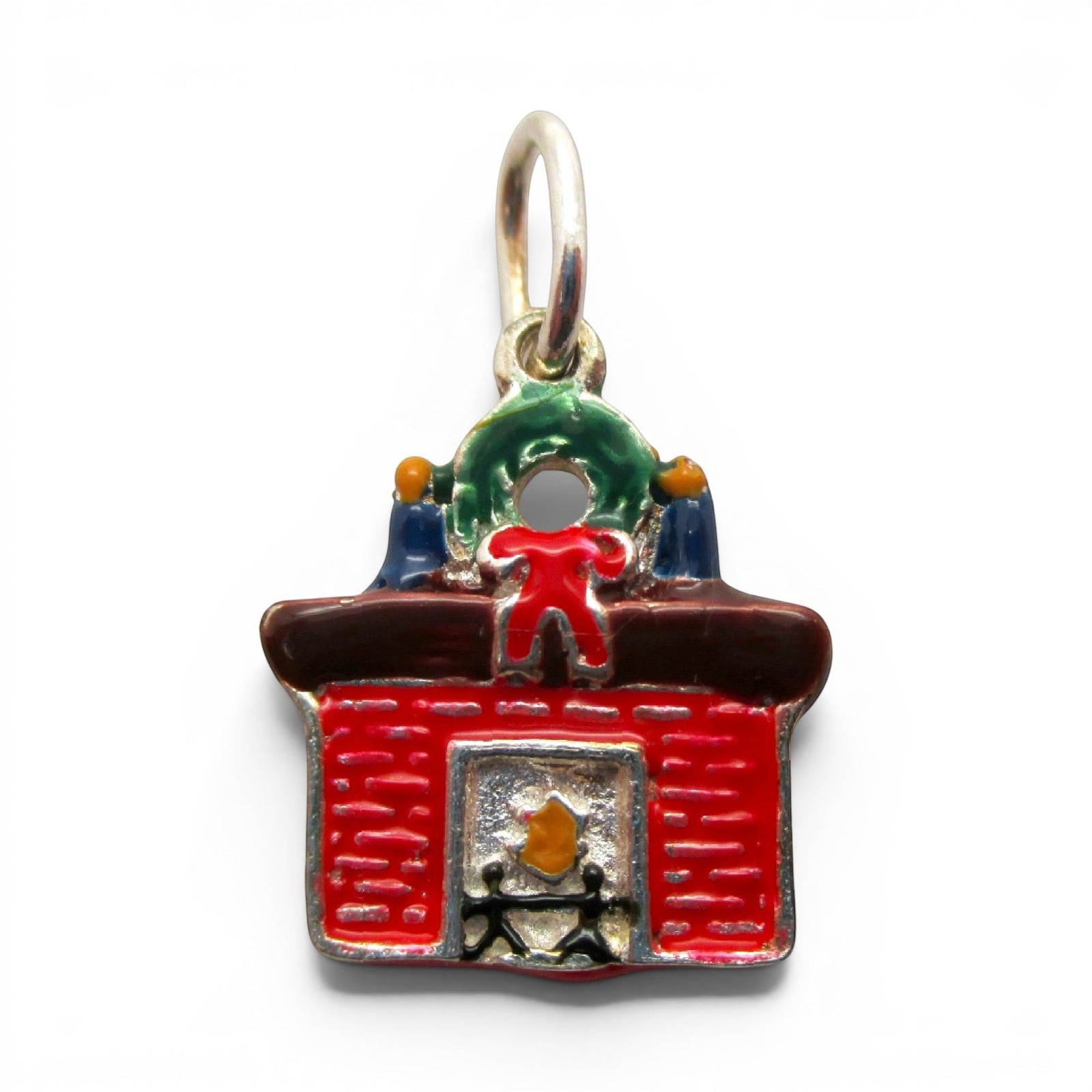 Sterling Slver Enamel Fireplace Charm for Bracelet Christmas Wreath Vintage