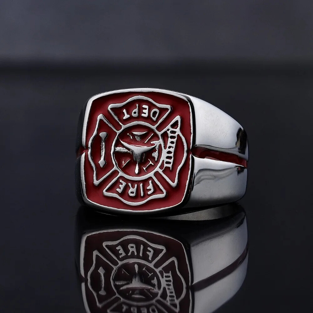 Men’s Personality Fire Polices Firelighter Trend Stainless Steel Rings Size 8-14