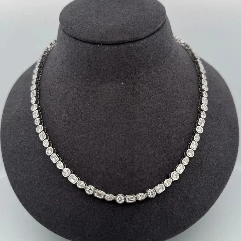 12CT Multi Shape Lab Created Diamond Women Tennis Necklace 14K White Gold Finish