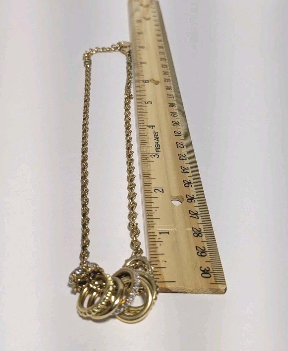 Charter Club Gold Tone Necklace With Textured & Pave Rhinestone Ring Charms 17″