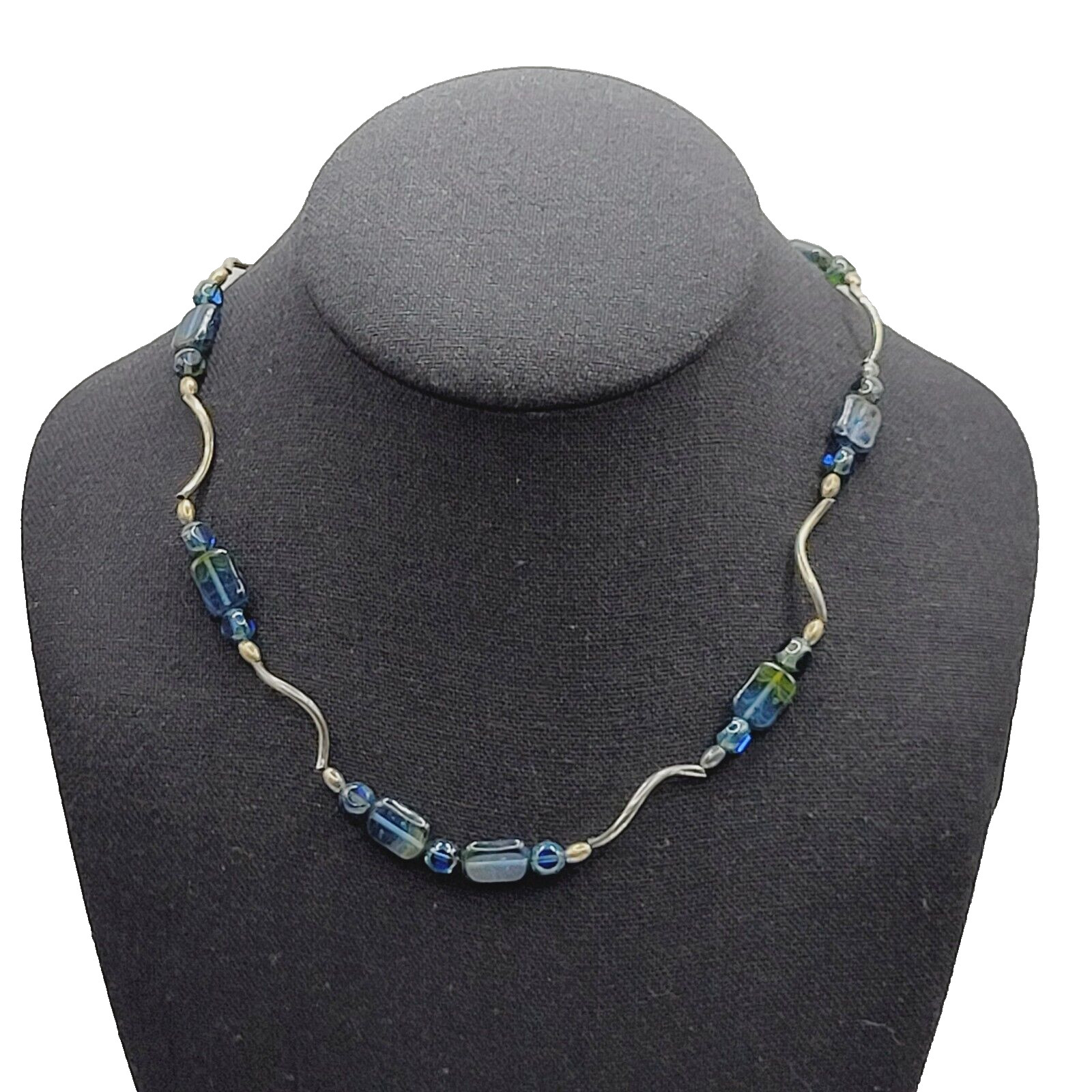 Vintage Blue Green Translucent Art Glass Necklace Wavy Silver Tone Alloy 18 in