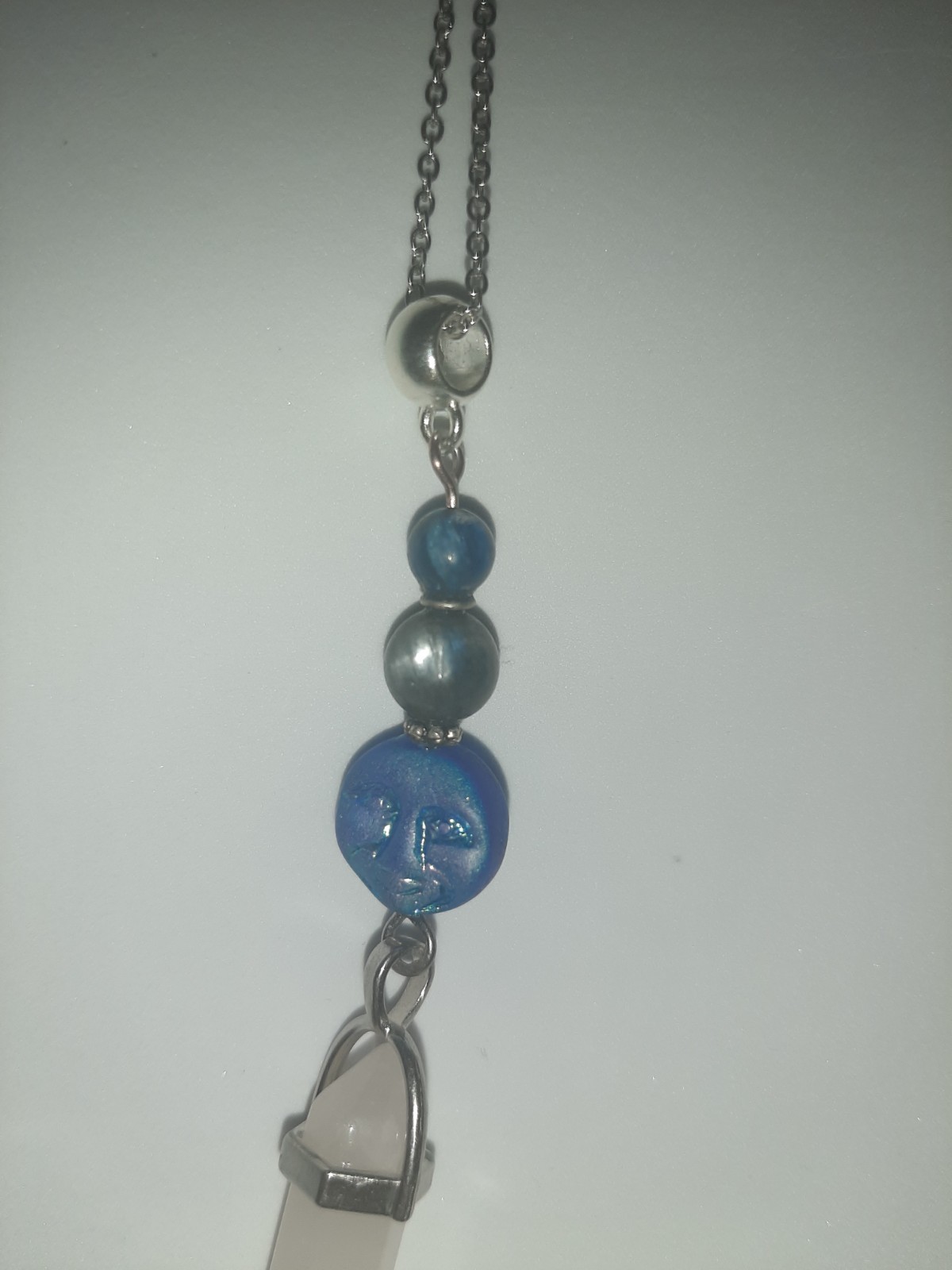 Genuine Milky CLEAR QUARTZ Crystal Point KYANITE Beads Glass Moon Face Pendant