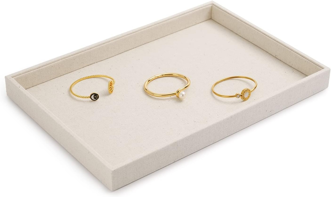 Elegant Linen Jewelry Tray – Stackable Jewelry Organizer for Dresser | 13.8″L