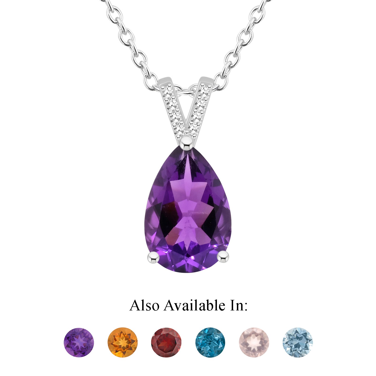Sterling Silver 12x8mm Pear Shape Natural Amethyst Diamond Accent Pendant