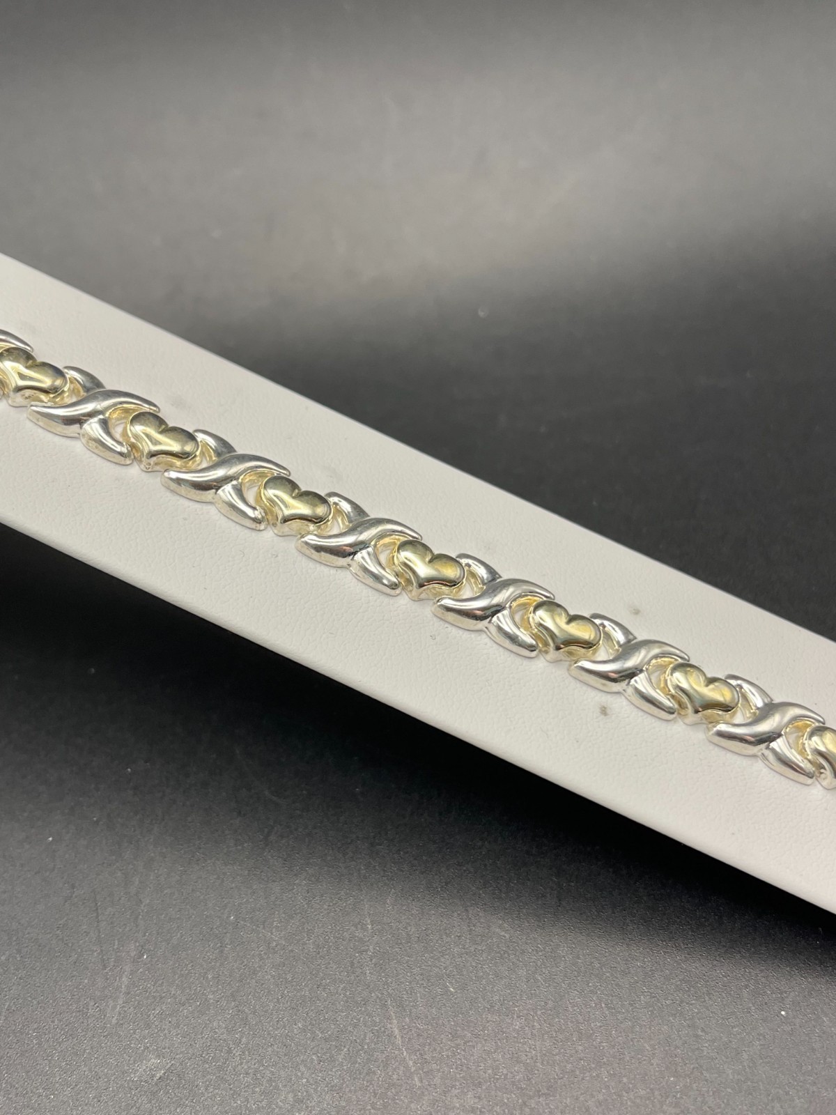 Vintage Italian Sterling Silver & Gold‑Tone Heart Link Bracelet | 7.5 in | 14.4g