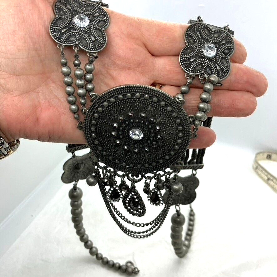 Afghan vintage necklace oxidised black metal heavy Bohemian style 82cm unusual