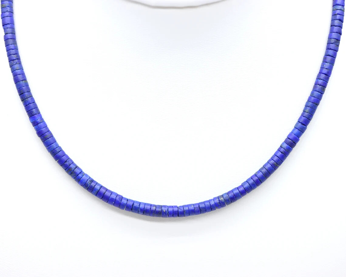 Blue Lapis Heishi Necklace, 4mm Thin Royal Blue Beaded Gemstone Layering Choker