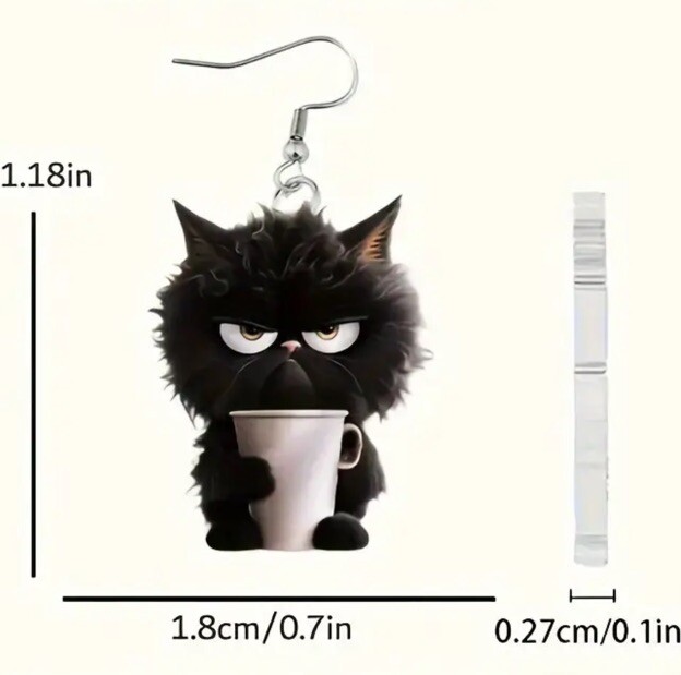 Black Cat Earrings Dangle Angry Kitten Coffee Cup Acrylic Mad Kitty Cat Lady New