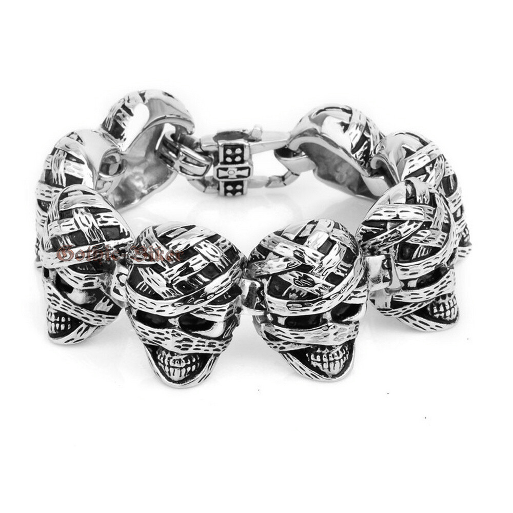 Punk Heavy Gothic Egypt Mummy Skull Stainless Steel Men’s Bracelet 7.5-9.4″(L)