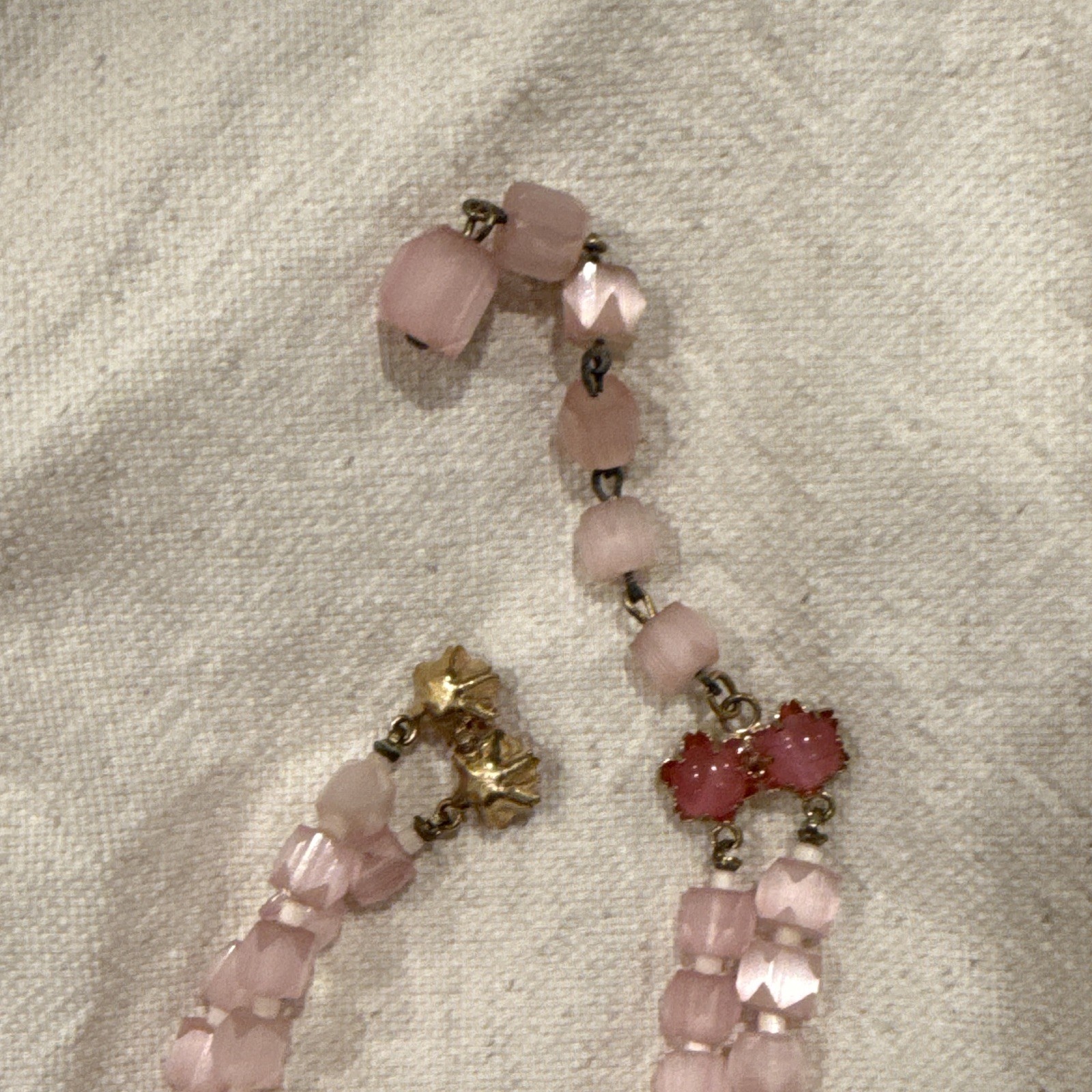 Unique Vintage Pink Glass Beaded Double Strand Necklace