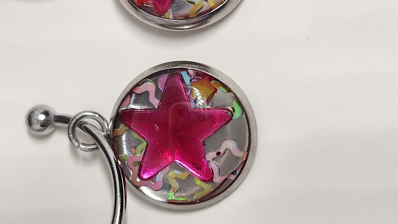 Handmade Resin Stainless Steel C-Hoop Earrings – 12mm – Hot Pink Stars