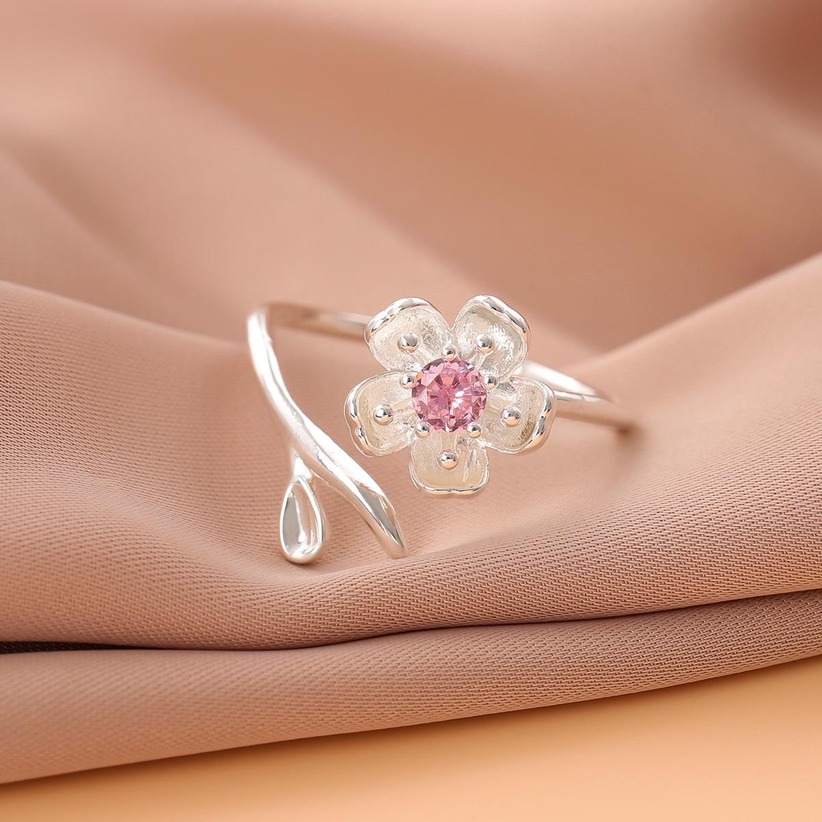 925 Sterling Silver Pink Crystal Flower Open Ring Elegant Adjustable Women Jew..