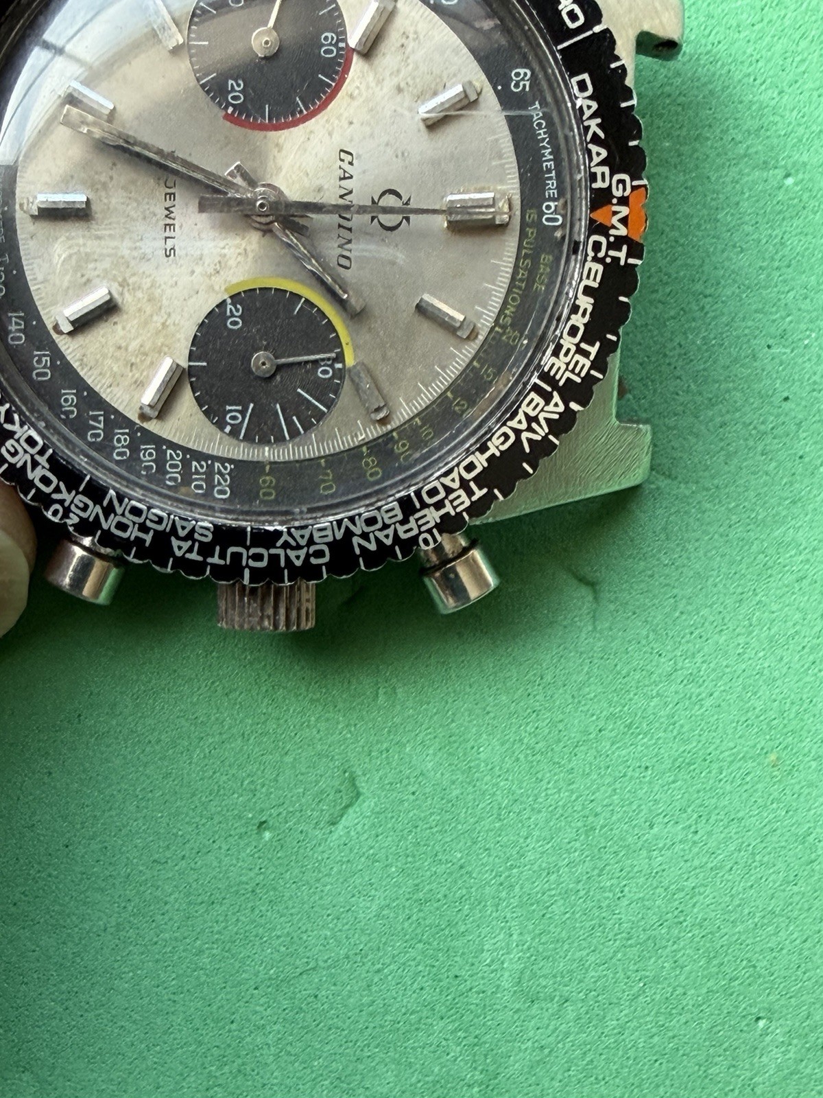 Vintage CANDINO PANDA Dial Chronograph World Time Bezel Valjoux 7733