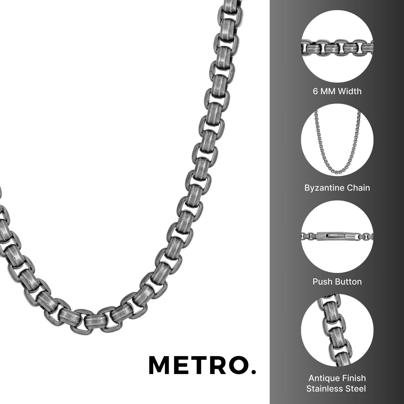 The Graphite – Stainless Antique Finish 6mm Rolo Chain with Push Lock – 24 Inch