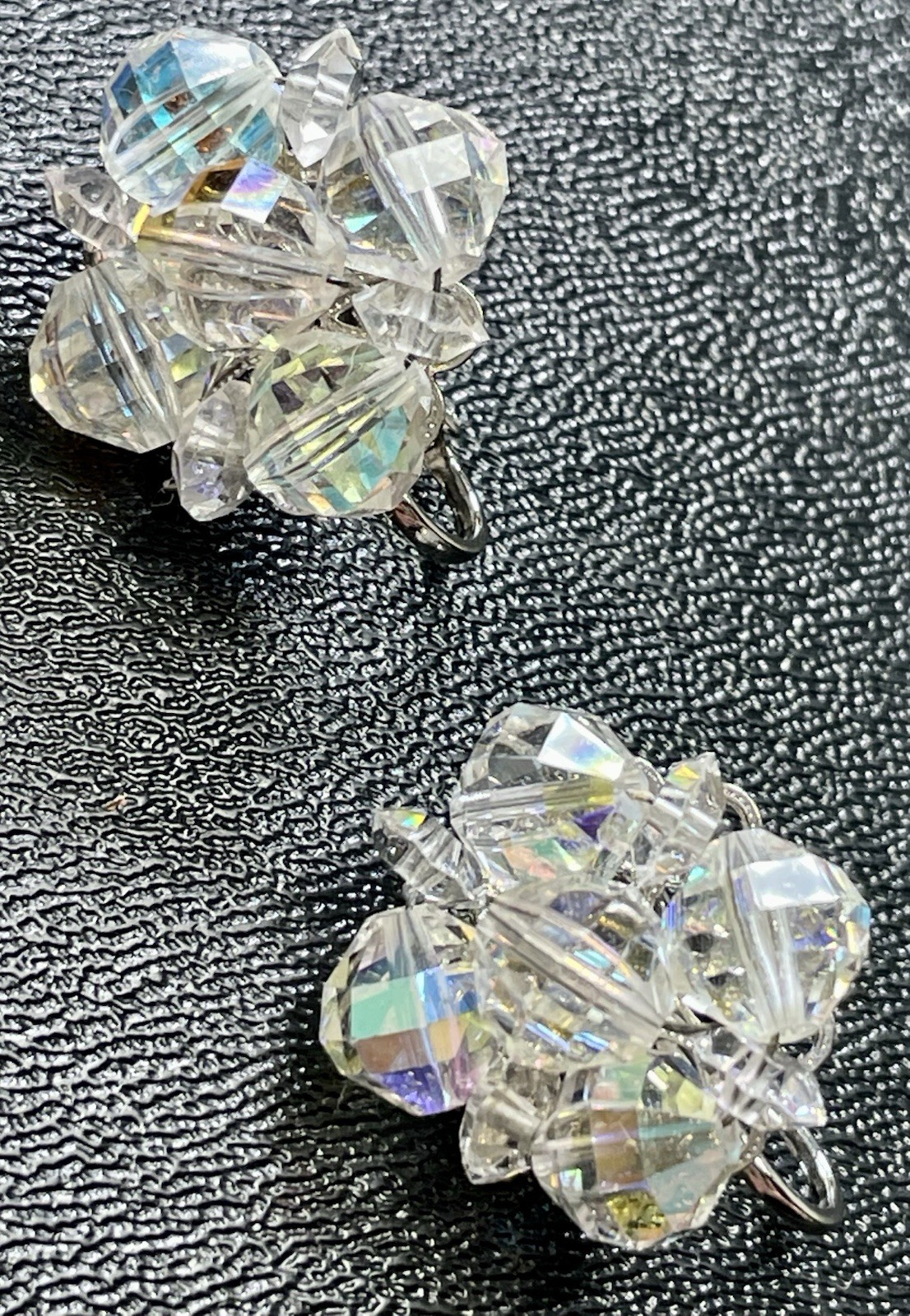 LAGUNA Signed Vintage AB Faceted Crystal Cluster Beaded Clip Earrings