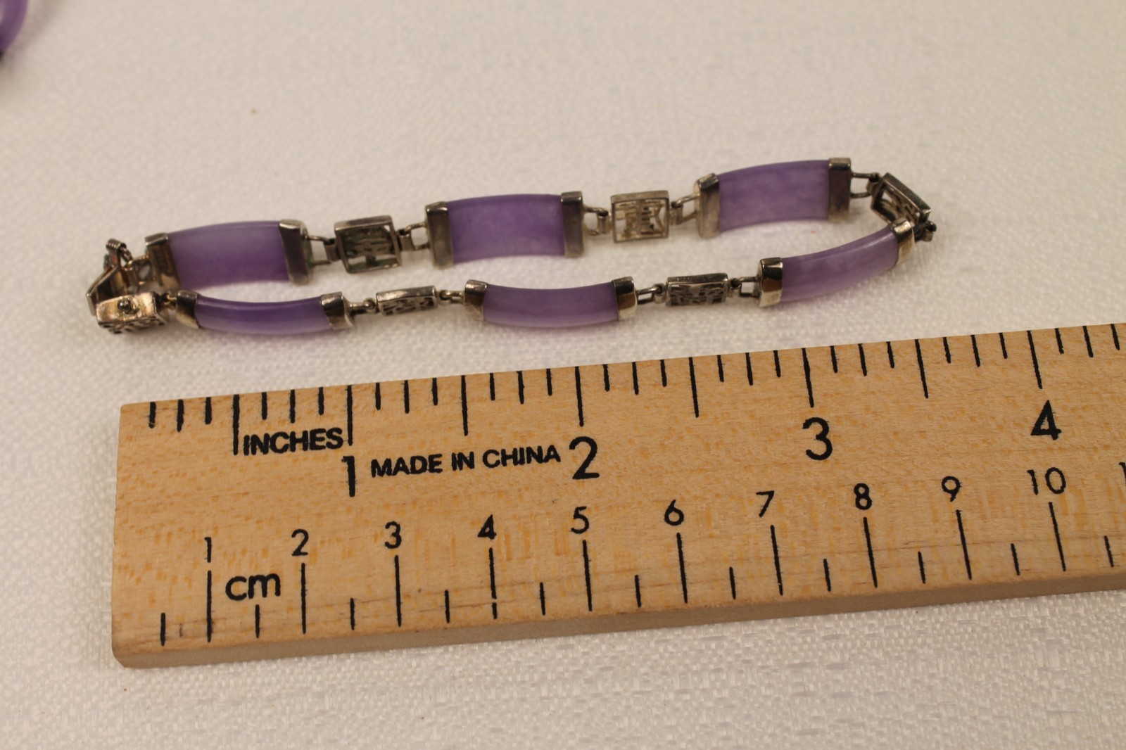 Vintage Lavender Jade Character Panel Bracelet Hoop Earrings Set