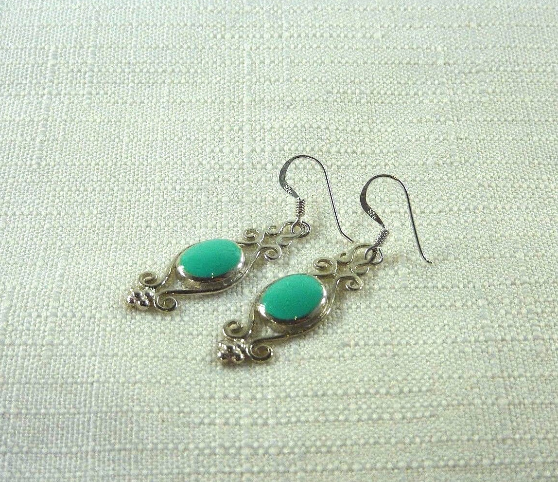 Created Turquoise 925 Sterling Silver Victorian Style Fishhook Earrings