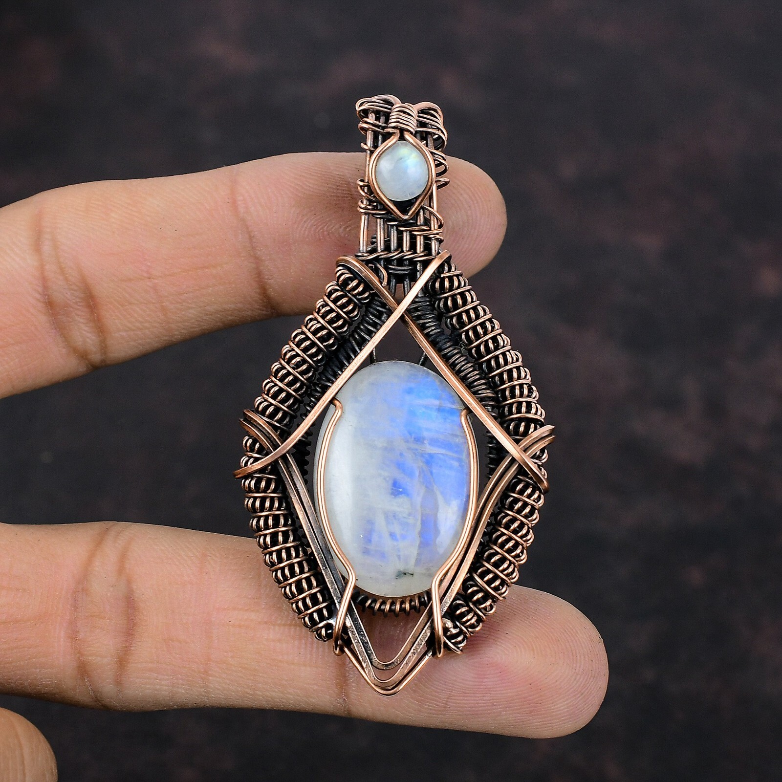 Gift For Her Rainbow Moonstone Wire Wrapped Pendant Copper Jewelry 2.76″