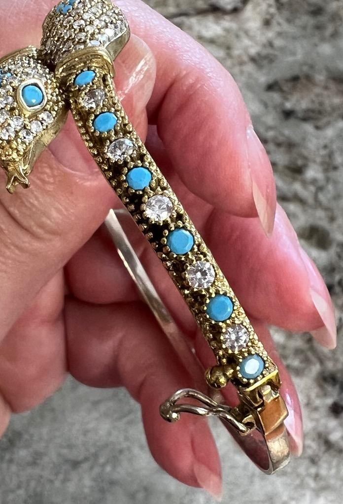 Snake Bracelet REAL Blue Turquoise 14K Gold on SOLID 925 Etruscan Victorian Rev.