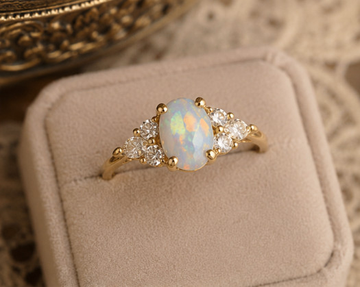 2.24 Ct Oval Cut Natural Opal Diamond Engagement Ring 14K Solid Yellow Gold